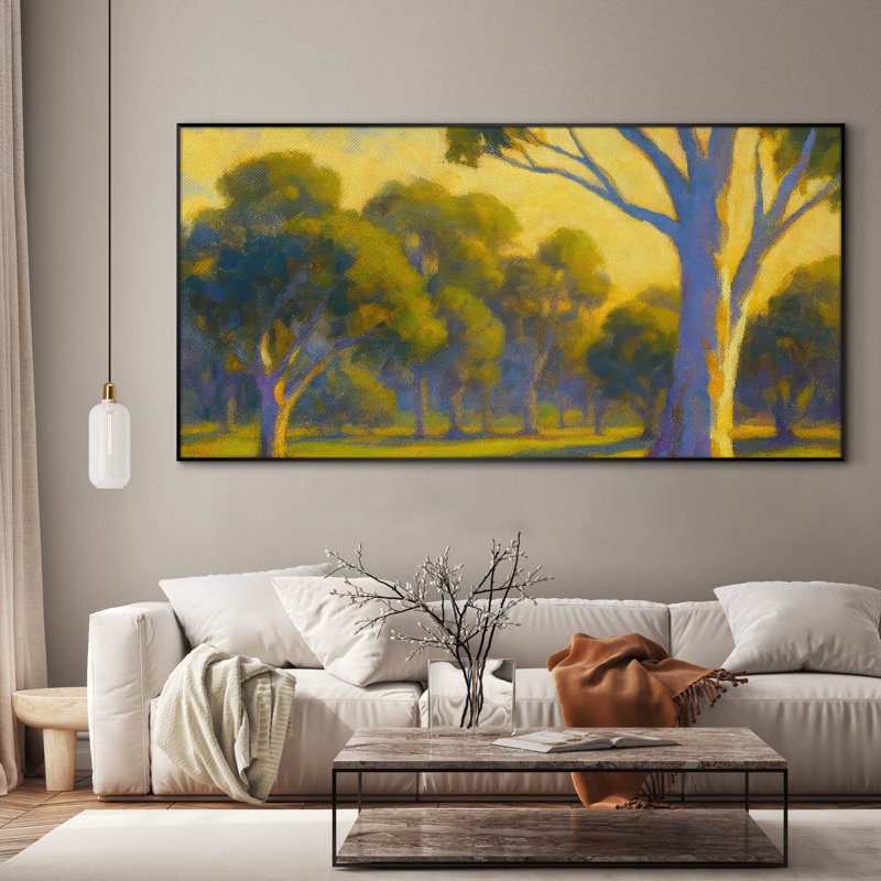 Très grande reproduction d'art sur toile - Paysage de forêt ensoleillée jaune et vert forêt, œuvre d'art pour le salon ou la chambre à coucher - «Assemblage requis du cadre (cadre non fini)»