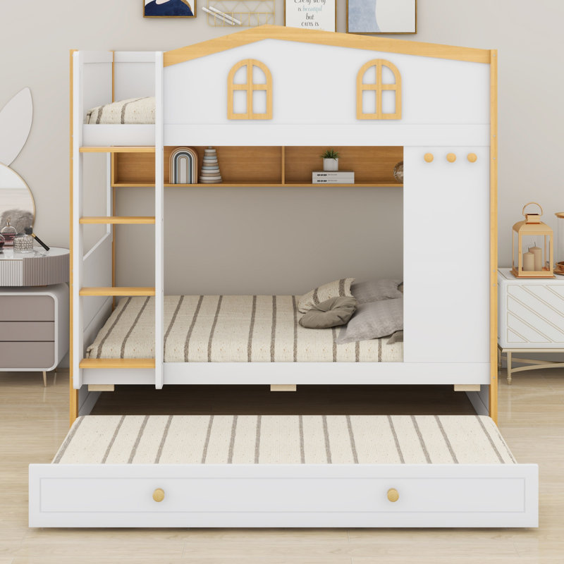 Multi-Function Bunk Bed House Guardrails, Storage Shelves & Trundle, Twin over Twin