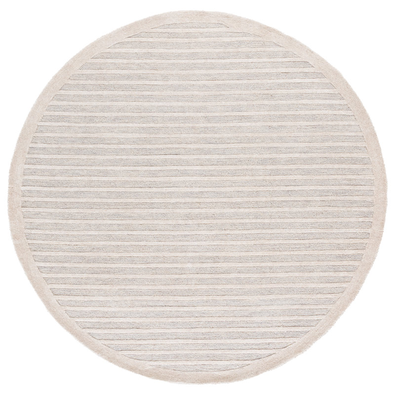 Ebony Hand Tufted Wool/Cotton Striped Rug in Silver/Ivory, Round 6'