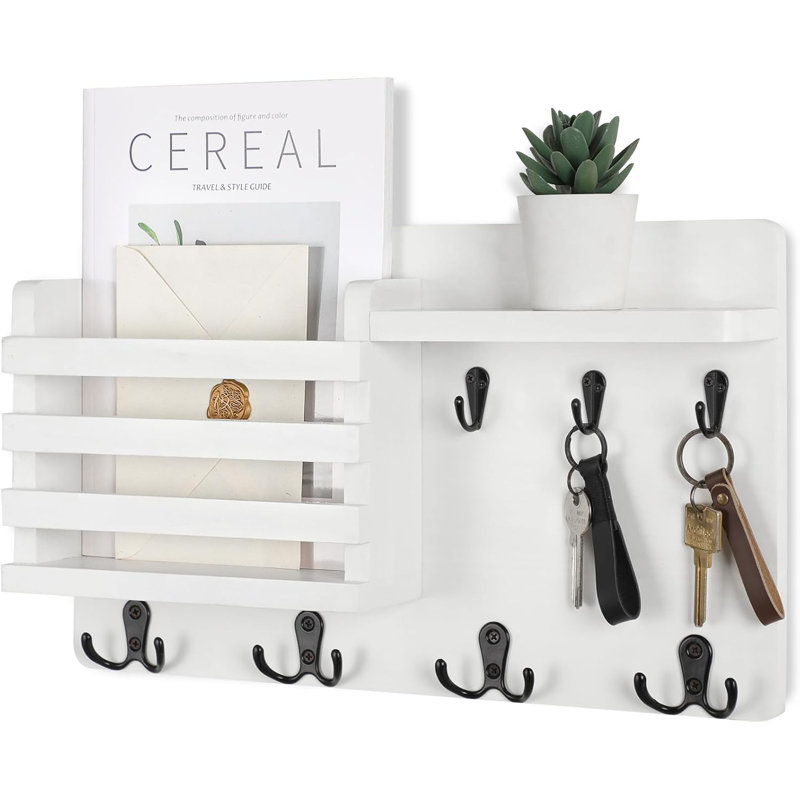 Rustic Dark Brown Wood Wall Mounted Mail Organizer with Key Hooks