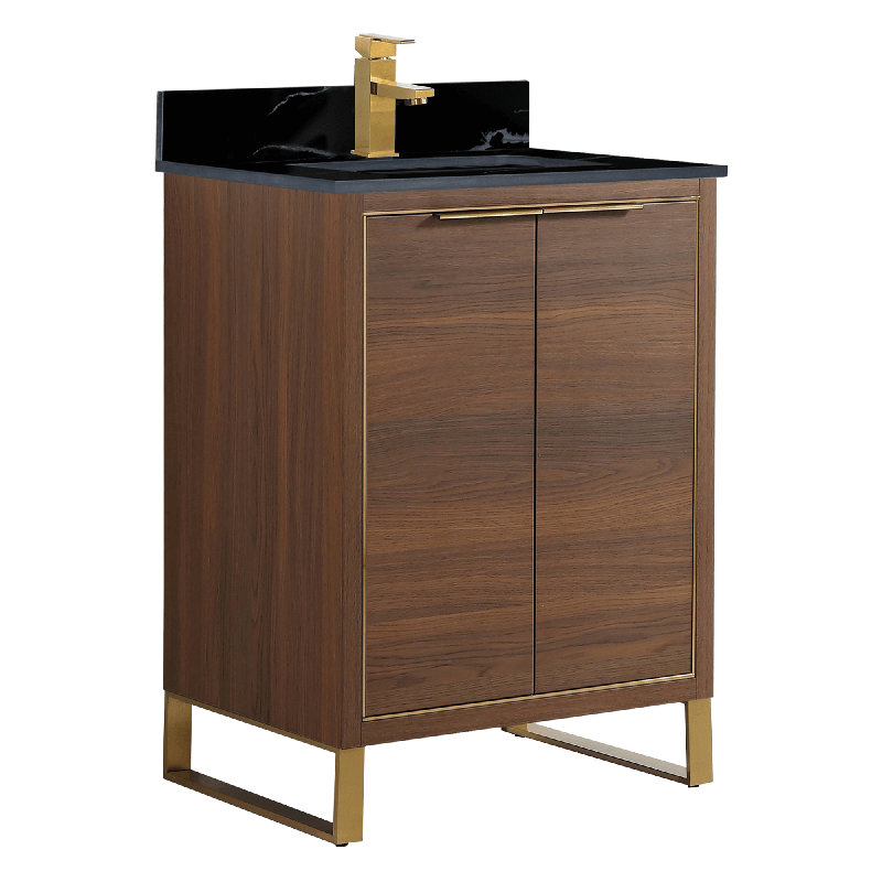 24'' Single Bathroom Vanity with Stone Top, Satin Brass, Walnut Ebony