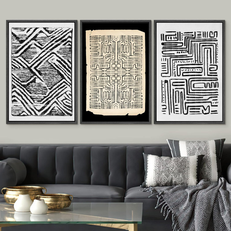 «Geometric Line», motif de losanges noirs et blancs, art encadré sur toile, 3 pièces, H 36 po x l 72 po x P 1,5 po, Noir