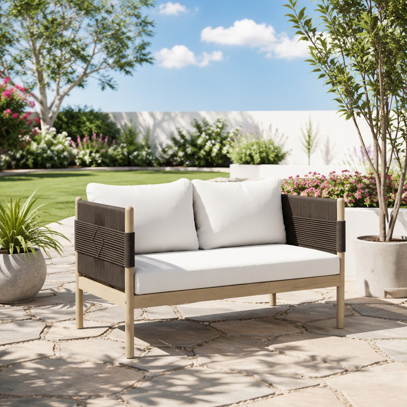 Causeuse d'extérieur en bois d'acacia avec tissage en corde de diamant et coussins confortables, parfaits pour les patios et les terrasses