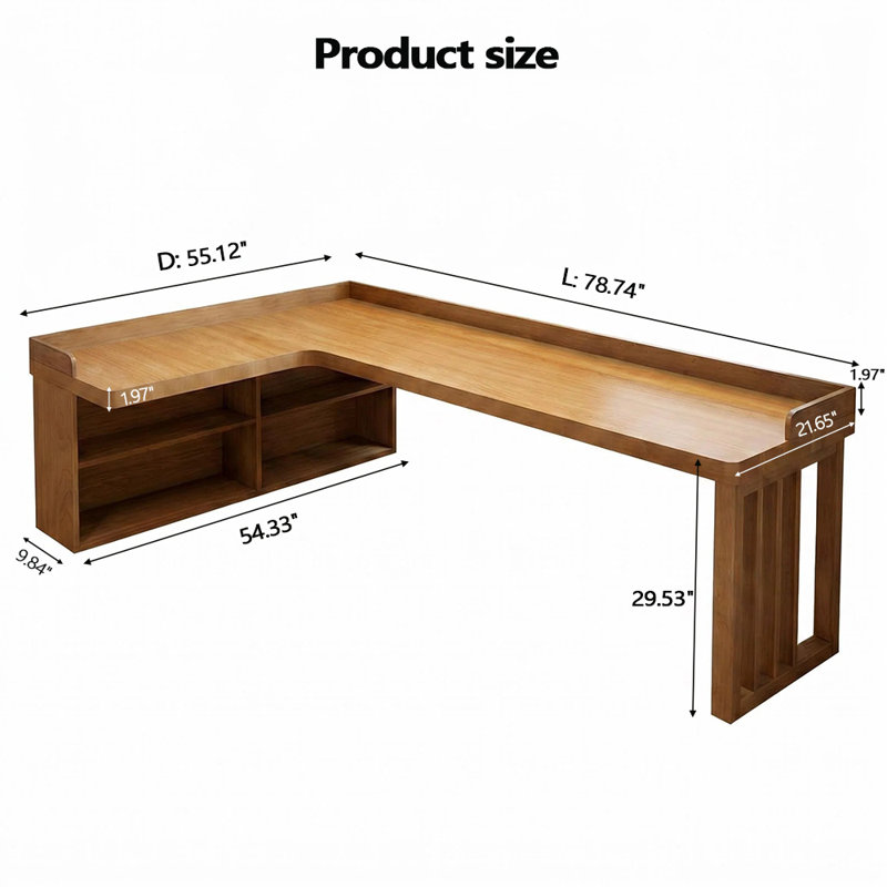 Bureau en L en bois massif avec tablettes de rangement intégrées et bureau d'angle moderne à pieds en lattes