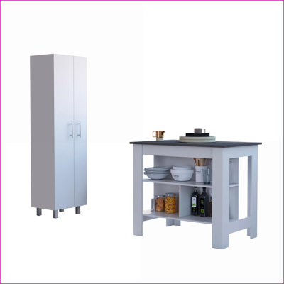 Ensemble d'îlot de cuisine 2 pièces avec garde-manger | Blanc et blanc Onyx | Bois d'ingénierie
