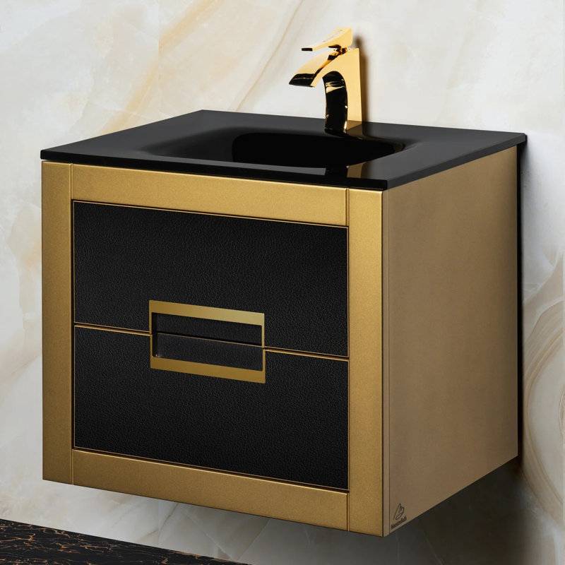 Meuble-lavabo moderne de 24 po Danya, plateau en verre intégré, Noir, noir, noir, noir, Doré, Doré