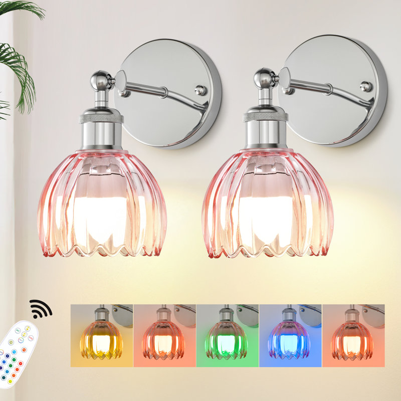 Silver & Pink Tulip Glass Wall Lamps, Rechargeable With Remote, Rgb Dimmable & Timing Function (2-Pack), Chrome, Pink