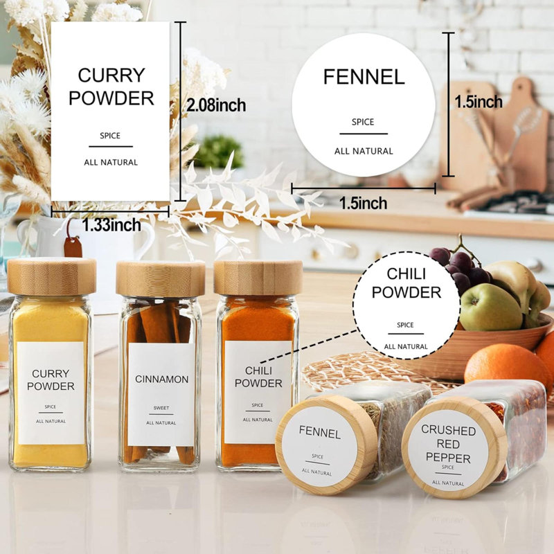 Pots à épices en verre avec 398 étiquettes, 24 contenants à épices 4 oz avec couvercles en bambou, bouteilles d'épices carrées avec couvercles à shaker, rangement pour épices pour armoire, tiroir, support, organisateur d'assaisonnement