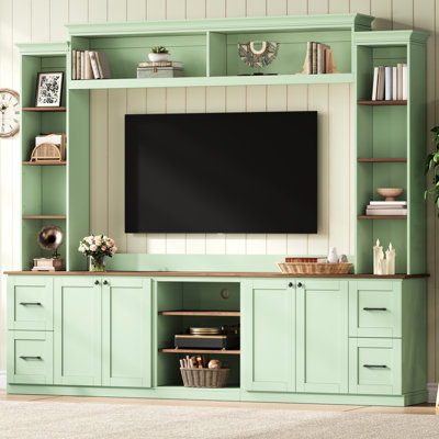 41 Entertainment Center, Mint Tv Stand With Walnut Adjustable Shelves, Elegant Retro Console, Drawers And Cable Management Strategy Wall Unit For Living Room, Stand, Media Precision Furniture