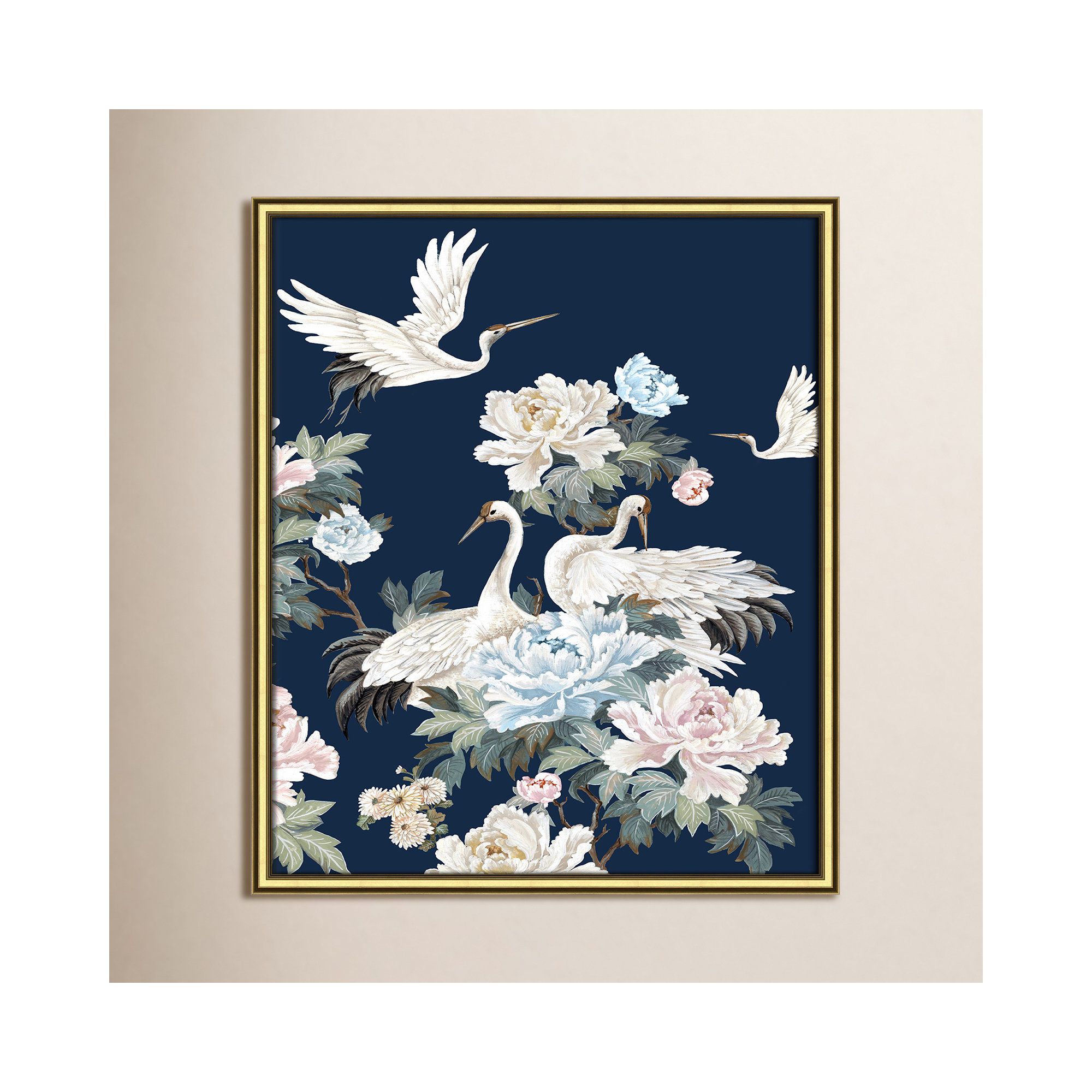 Pearly White Cranes II - Picture Frame Painting, 26.75" H x 22.75" W x 0.88" D, Gold