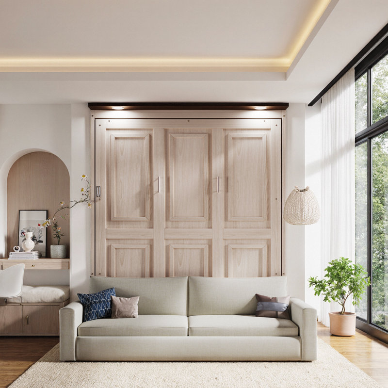 Lit escamotable Unavere Queen Size avec canapé et éclairage DEL, design pliable gain de place pour chambre multifonctionnelle