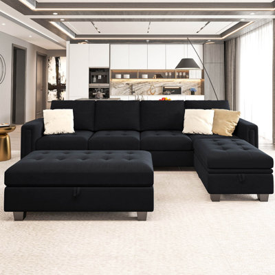 Shavera Velvet Upholstered Modular Sectional Sofa with Tufted Seat Cushions and Storage Ottoman