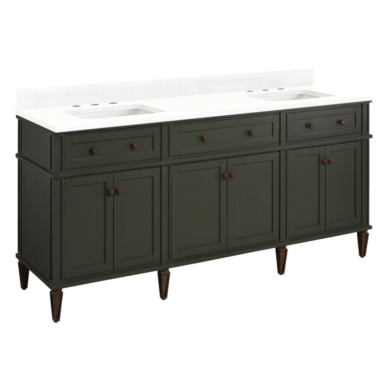 72" Elmdale Double Vanity for Rectangular Undermount Sinks, Feathered White Quartz, Dark Olive Green, 8" Widespread