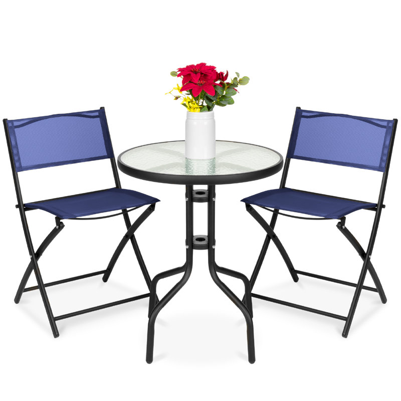  3-Piece Patio Bistro Dining Furniture Set W/ Glass Tabletop, Folding Chairs, Navy
