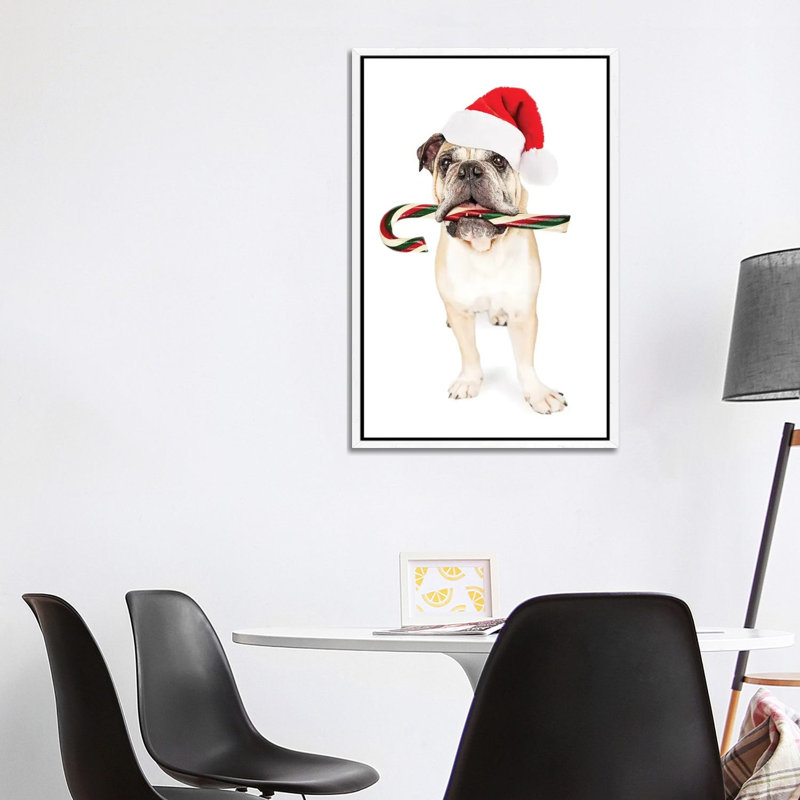 Christmas Bulldog Eating Candy Cane by Susan Richey - Gallery-Wrapped Canvas Giclée on Canvas, White Framed
