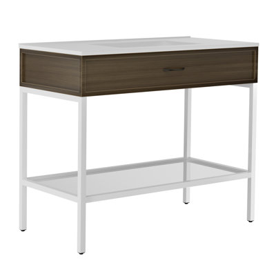 36" Bathroom Vanity With Resin Sink,Stainless Steel Frame With Tempered Glass Open Shelf