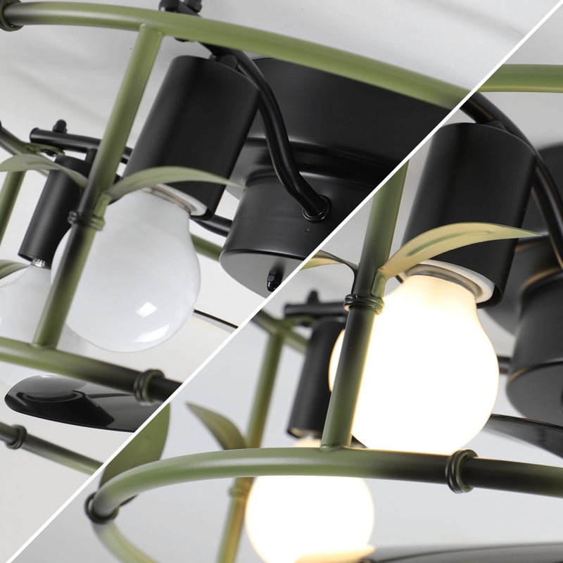 19" Green Industrial Ceiling Fan With Light - Flush Mount Caged Ceiling Fan With Remote, 3-Light Rustic Ceiling Fan, Silent 6-Speed Reversible Dc Motor For Bedroom, Living Room (Bulb Not Included)