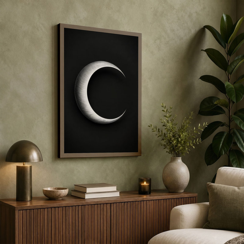 Luminous Crescent Minimalist 1 Piece Wrapped Canvas Wall Art, 30x20 - 76.2 x 50.8 cm, Cream Border
