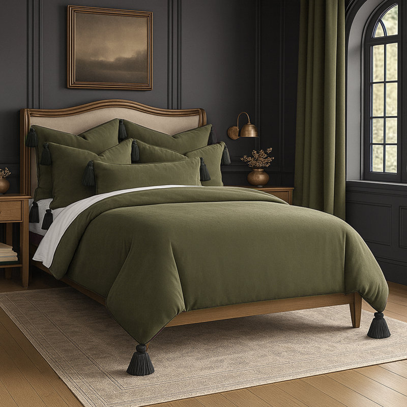 Cascade pompon olive, Housse de couette simple et 3 pièces supplémenta, Olive