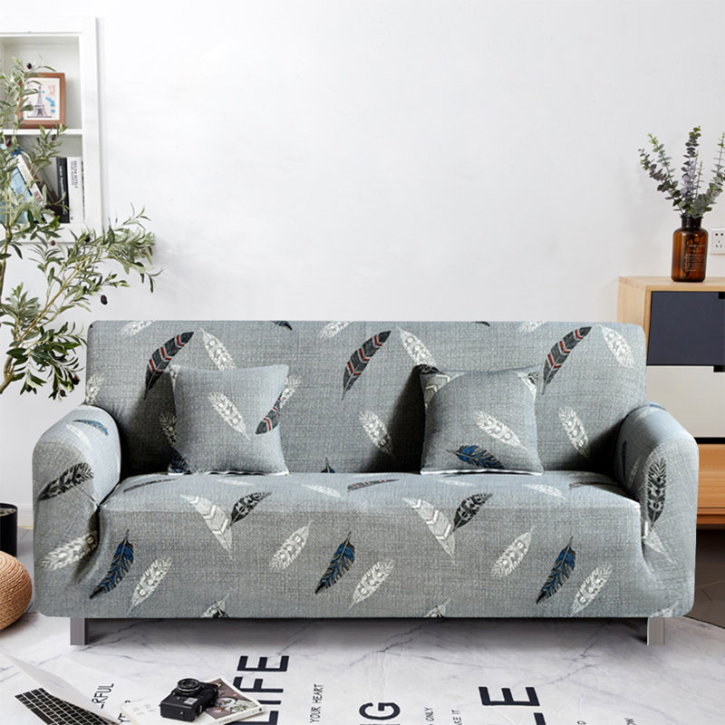 Housse pour canapé à coussins carrés/rectangulaires, Mélange de polyester à motif de plumes, 75"-91"
