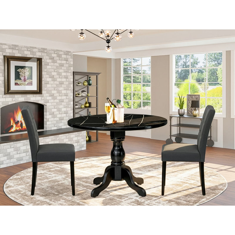 L'ensemble de table de cuisine 3 pièces contient une table ronde et 2 chaises de cuisine en polyester gris foncé avec dossier élégant - Noir brossé