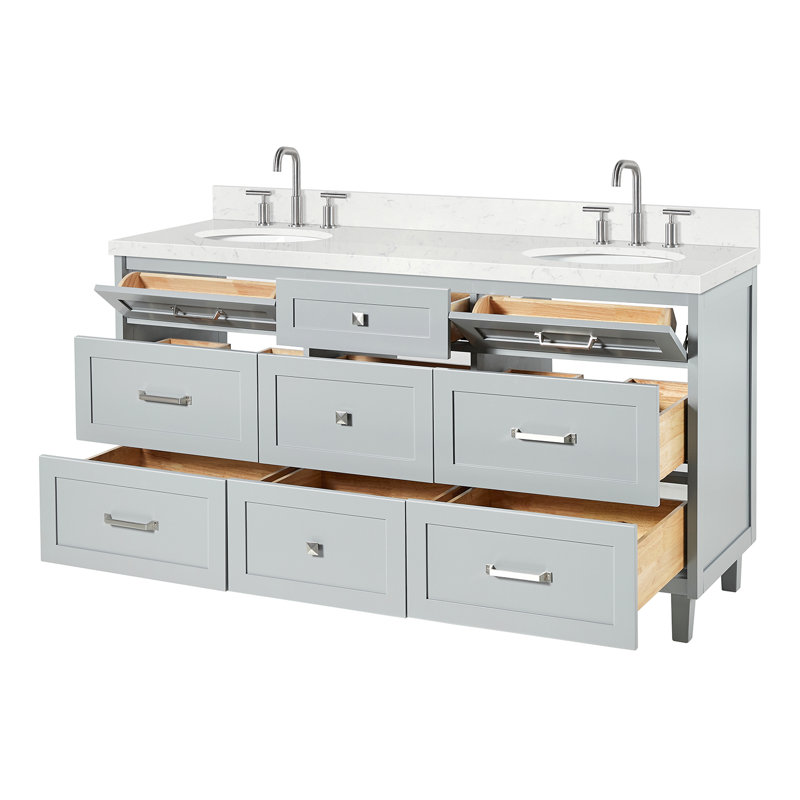 Ariel Monrow 66 Inch Double Oval Sink Bathroom Vanity With Carrara White Quartz Countertop, Gray