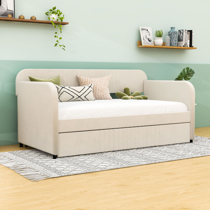  Gabbey Upholstered Daybed with Trundle and Slats, Beige