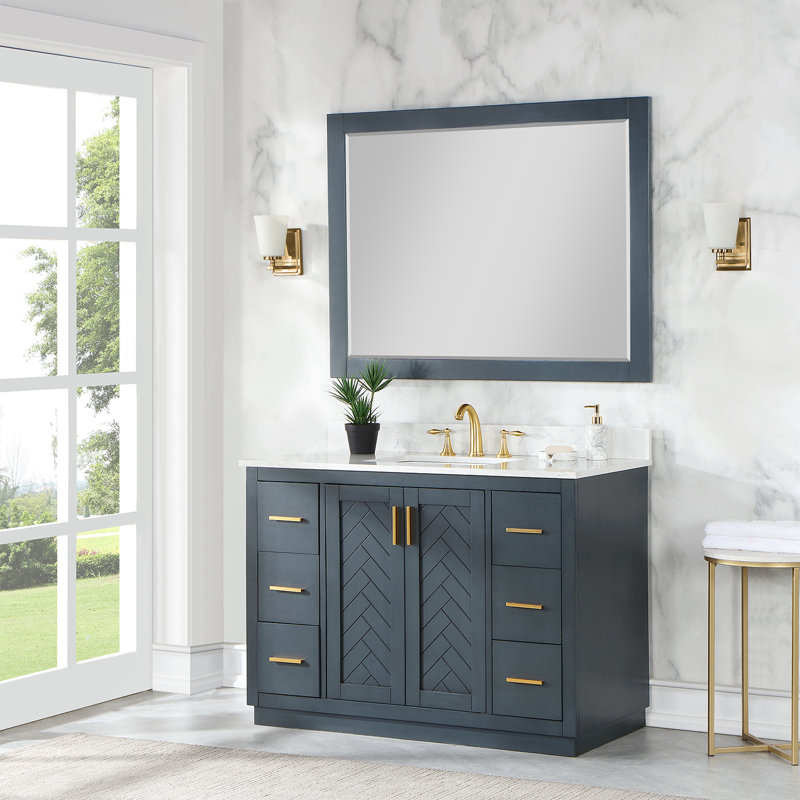 Ensemble de meuble-lavabo simple l 48 po avec plateau en pierre et miroir Gazsi, Bleu gris anthracite