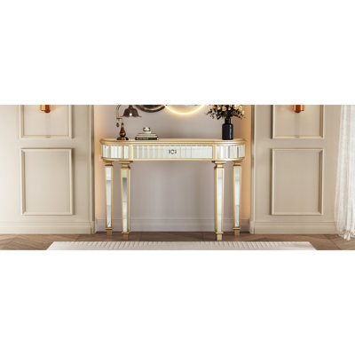 Console en demi-lune de 119 cm avec miroir, plateau en verre cannelé et tiroir à bouton en cristal - Meuble-lavabo argenté pour entrée, chambre ou garde-robe