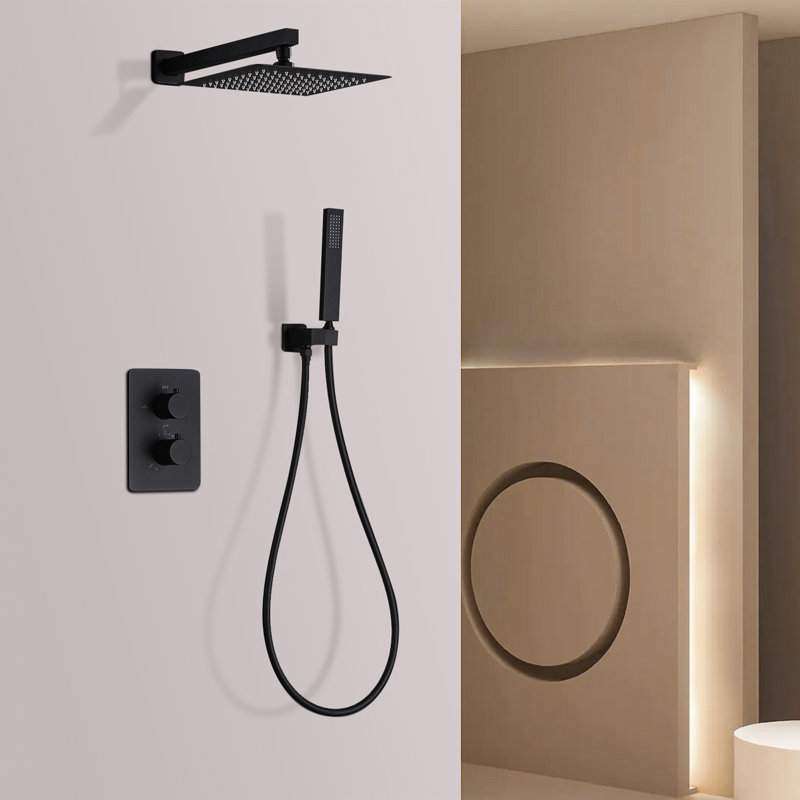 Système de douche thermostatique à double fonction fixé au mur avec valve brute et système de pomme de douche à main, Noir