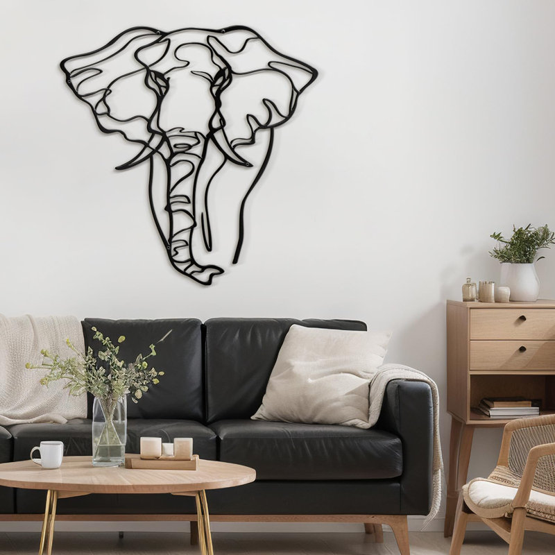 Éléphant animaux noir minimaliste moderne abstrait sculpture murale décoration murale, H 18 po x l 18 po x P 0,05 po, Noir