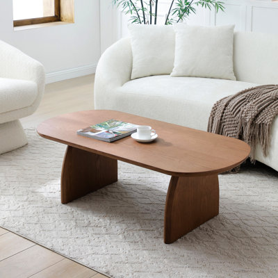 Table d'appoint créative en bois massif, plateau elliptique, support incurvé, grain naturel, mélange nordique minimaliste et japonais