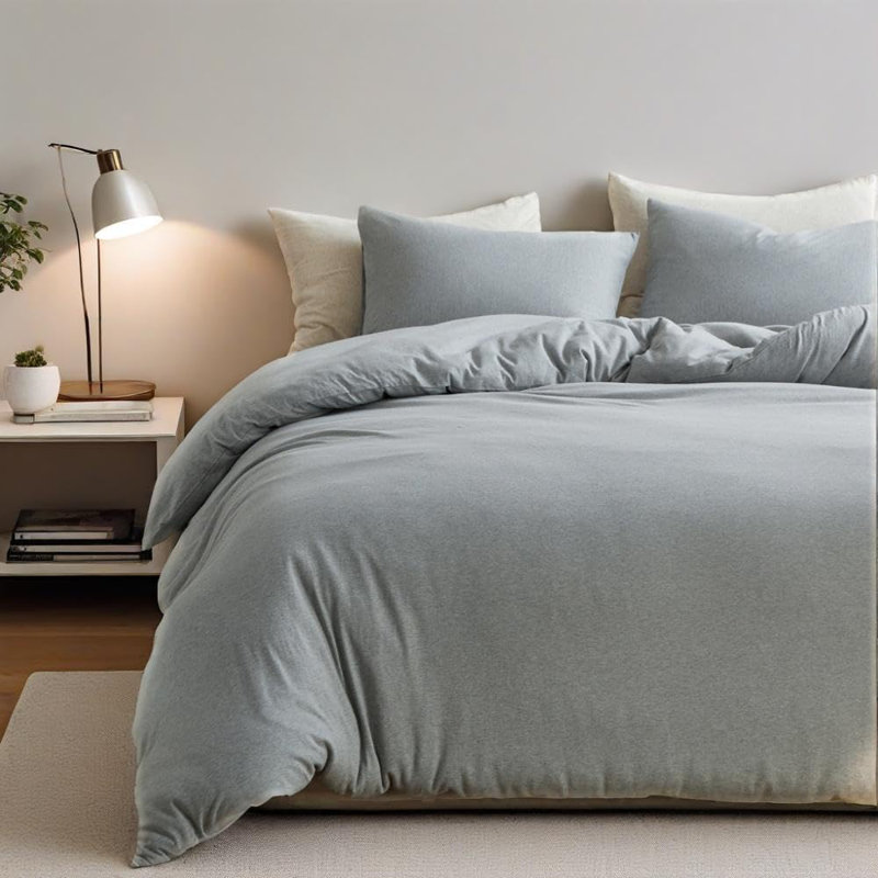 Ensemble de housse de couette 100% coton tricoté en jersey, Gris, Housse de couette grand et 2 taies d'oreiller stan