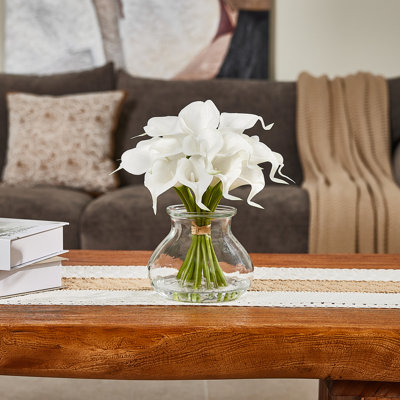 10,4 po de fleurs artificielles avec vase - 19 fleurs de lys Calla blanches avec de l'eau artificielle, de vraies fleurs en polyuréthane dans un vase en verre pour la décoration de bureau de mariage à domicile