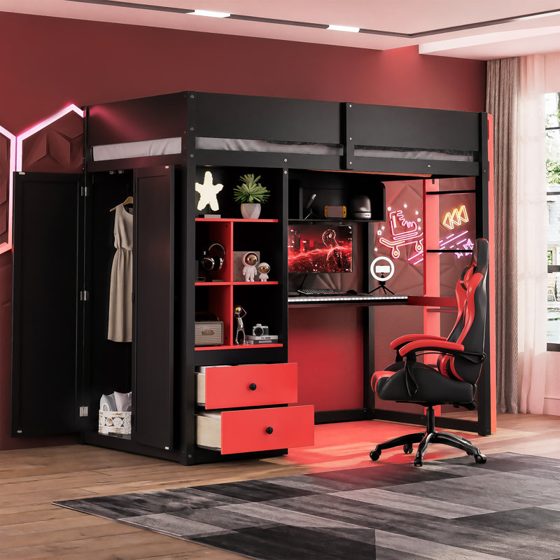 Lit mezzanine simple en bois massif avec bureau, armoire de rangement et penderie, bande lumineuse DEL, ports de chargement USB, noir et rouge
