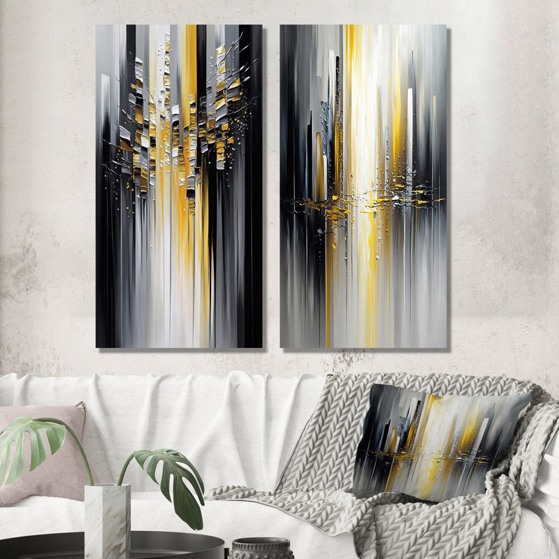 "Abstrait géométrique noir et jaune I", 2 pièces sur toile, Toile tendue, H 40 po x l 40 po