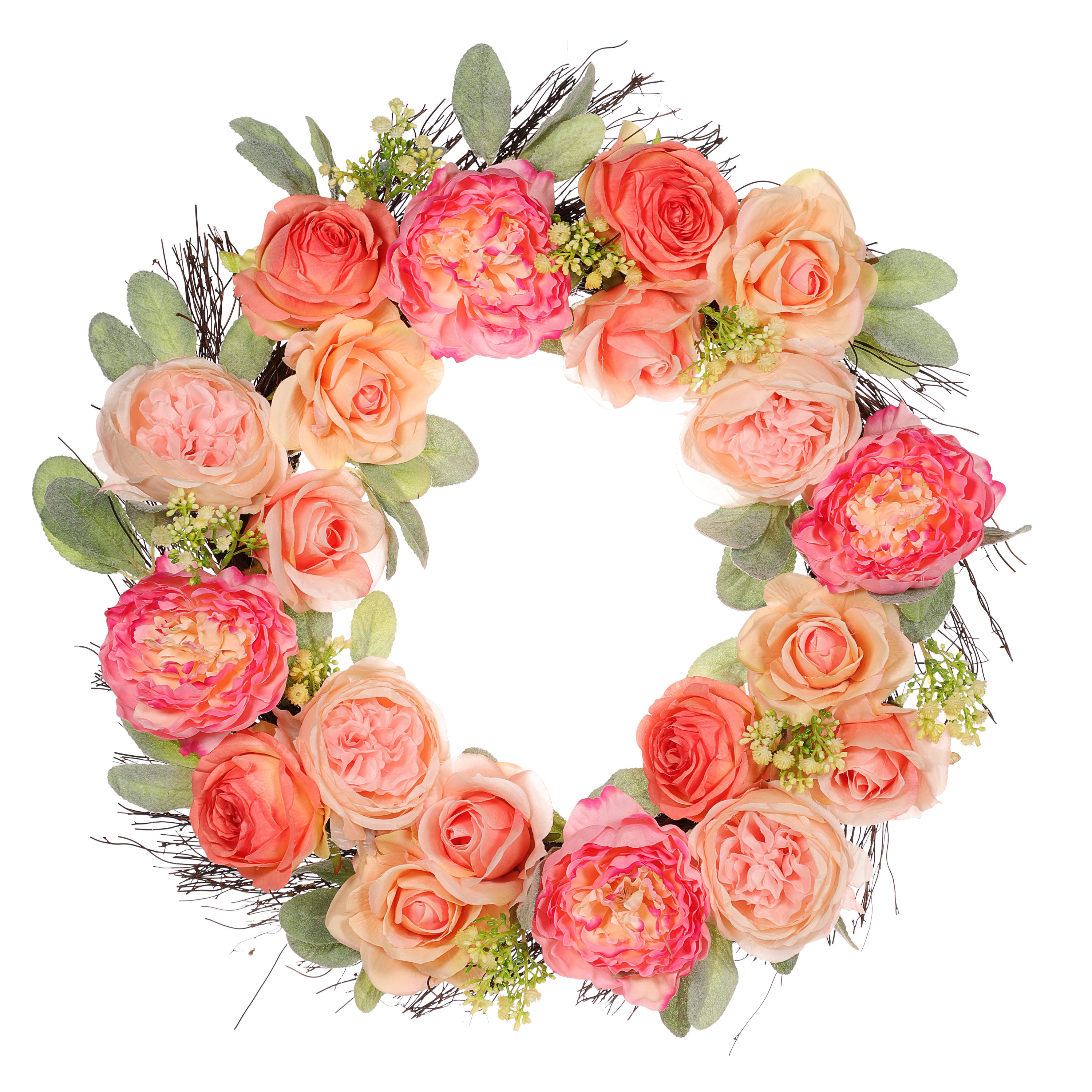 Primrue 24" Artificial Peony,Rose Floral Spring Wreath With Green Leaves | Wayfair