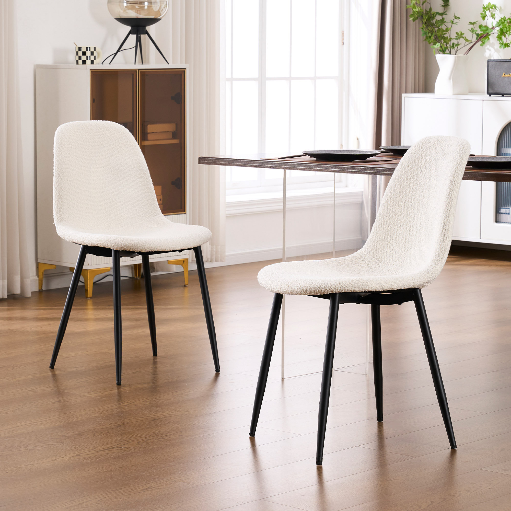 Kavi Upholstered Dining Chair, White Boucle/Black