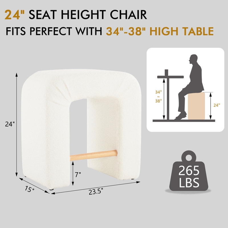 24" Boucle Counter Stool,Modern Bar Stool  With Footrest, White