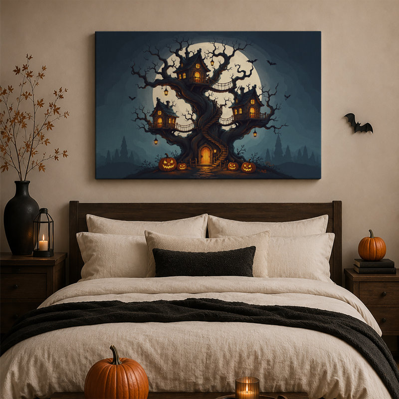 «Spooky Treehouse Under Full Moon With Pumpkins», art mural sur toile d'Halloween, H 36 po x l 48 po