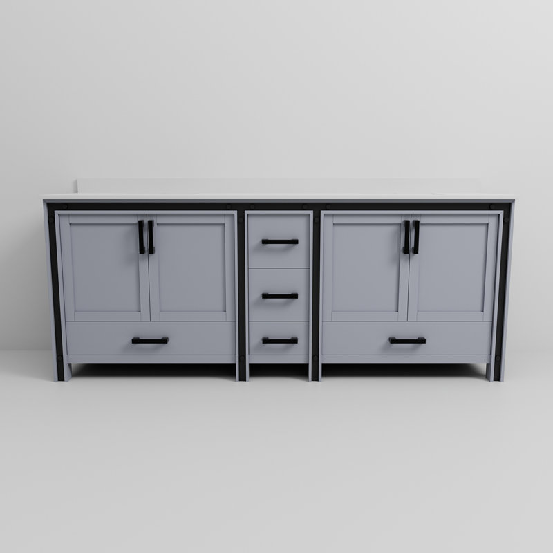 Meuble-lavabo double avec comptoir en quartz blanc, Gris foncé