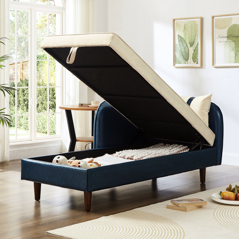 Chaise longue en velours bleu marine et beige marine de 65 po avec rangement, pieds en bois d'hévéa massif, assise en tissu confortable, rangement pour livres, collations en velours, structure en eucalyptus stable, détente douce