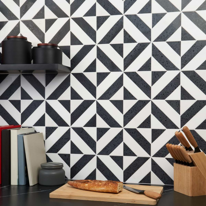 Cleopatra 12x12 Diagonal Polished Encaustic Look Marble Mosaic Tile, Diagonal Pepper Black