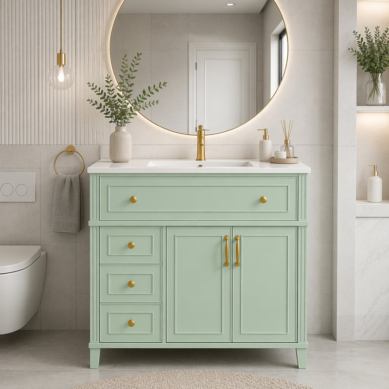 Meuble-lavabo moderne avec lavabo, armoire autoportante, rangement inclinable et quincaillerie or mat, Sage Green