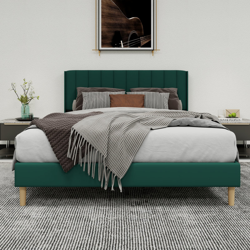Lit plateforme tapissier avec tête de lit, Grand, Vert