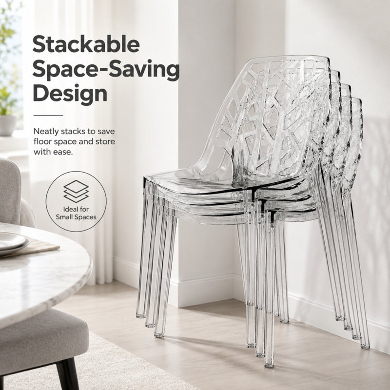Edgington Lightweight Stacking Accent Dining Chair for Indoor & Outdoor, Transparent Clear, Set of 2