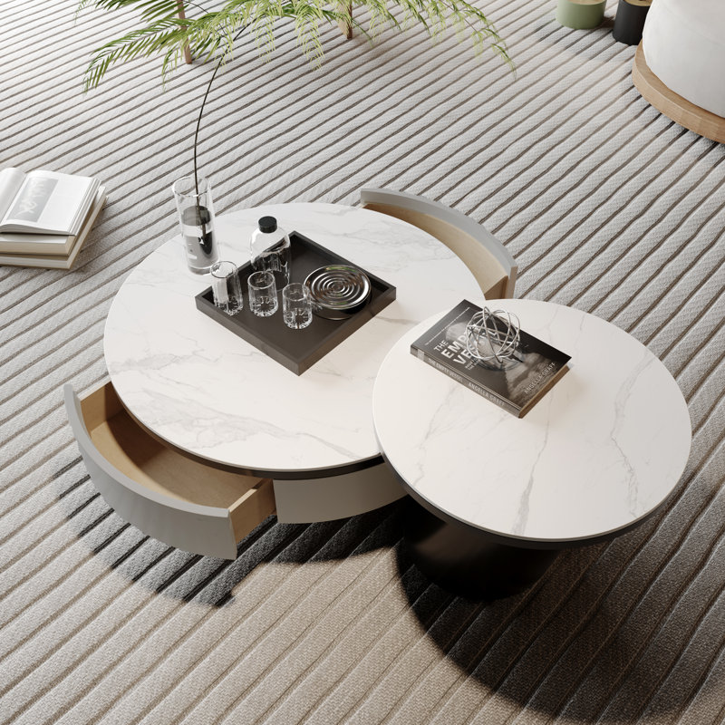 Jakori No Assembly Required Nesting Coffee Table With Storage – Rock Tabletop Heat-Resistant & Wear-Resistant, Gray