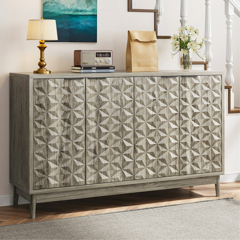 Armoire de buffet de style moderne, armoire de buffet avec rangement, armoire de rangement avec 4 portes en relief en forme de losange pour le salon, la salle à manger, le vestibule, le couloir, la cuisine, gris