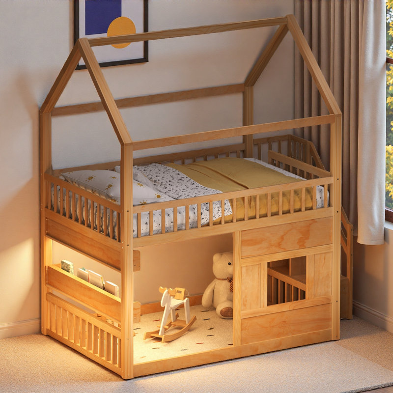 Lit de maison en bois avec lumière de tablette à DEL intégrée, barrières de sécurité et échelle robuste, Naturel