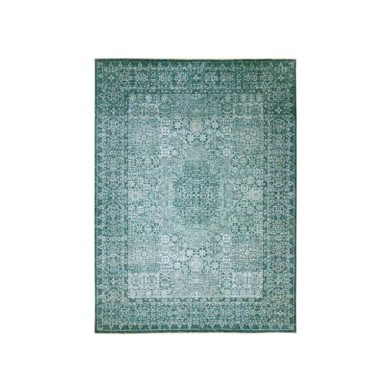 Tapis oriental bleu sarcelle en laine noué à la main 8 pi 11 po x 12 pi 1 po - MOA10276420